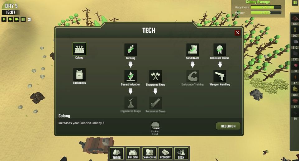 Colony Simulator Game Tutorial Screenshot, Tech Section