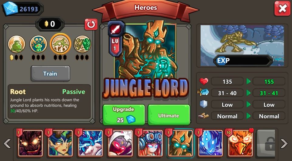 Hero Rush Tower Defense, Jungle Lord Hero, details about the skills