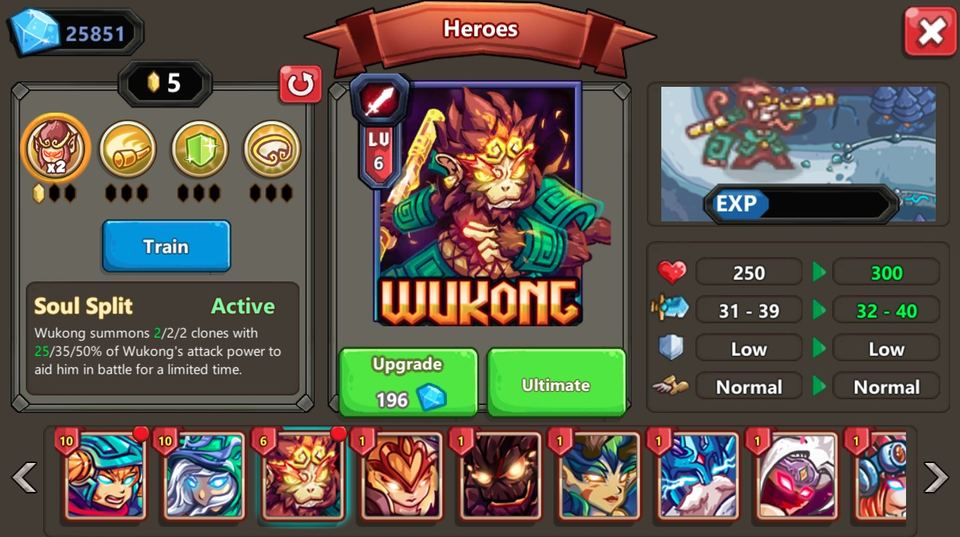 Hero Rush Tower Defense, Wukong Hero details about the skills